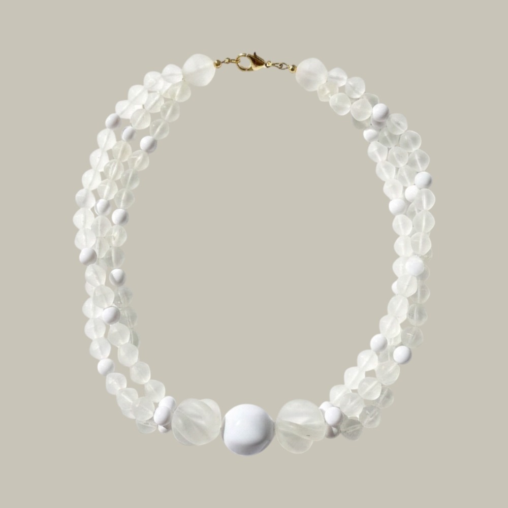 Retro Frosted White Beaded Necklace Multi Strand Chunky Statement 20"